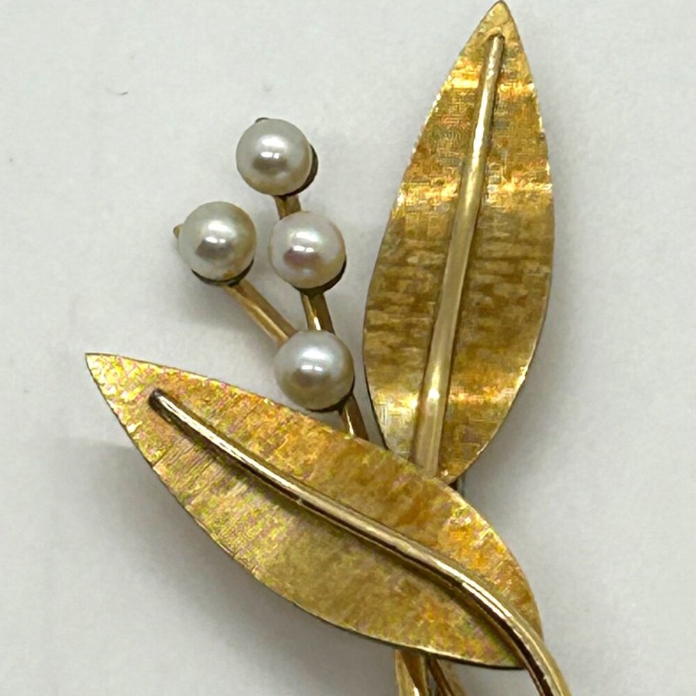 Vintage Krementz Brooch Pin Gold-Tone Leaf & Faux Pearl Floral 1.5 inch - Picture 4 of 16